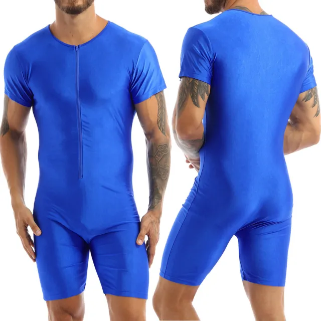 Men Bodysuit One-piece Boxer Shorts Leotard Gym Workout Short Sleeve Jumpsuit