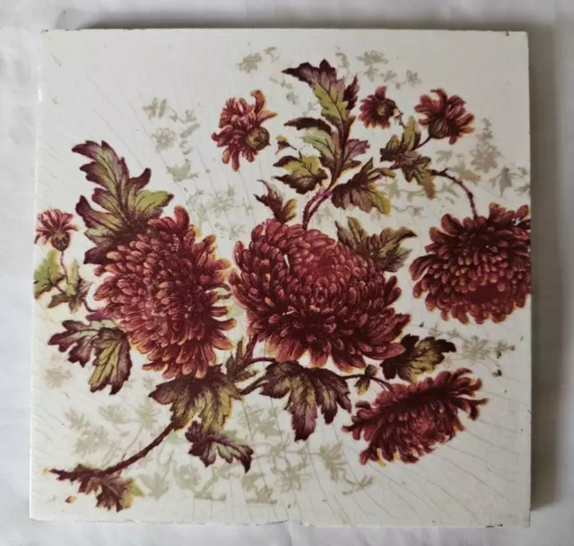 Stunning English  Antique 6 Inch Floral Design Tile