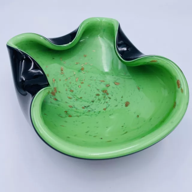 Vintage Murano Art Glass Green Copper Aventurine Cased Dish Bowl Ashtray Label