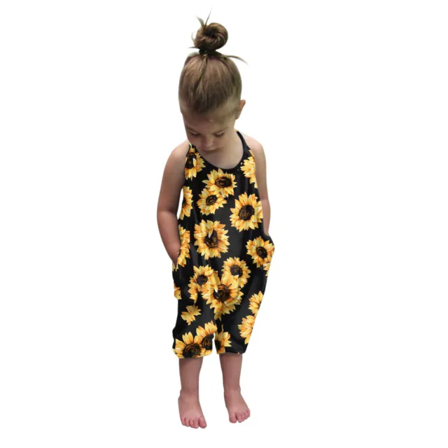 Toddler Girls Baby Kids Jumpsuit One Piece Floral Sunflower Strap Romper Outfits