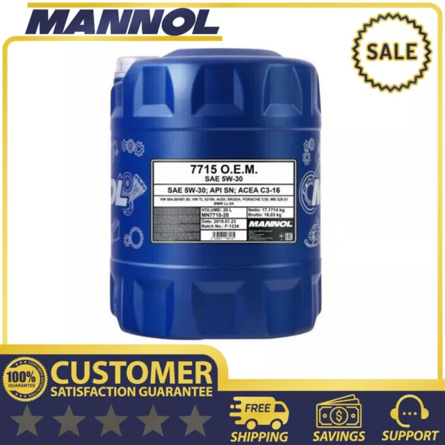 20L Mannol 5W-30 Engine Oil Fully Synthetic Longlife C3 Vw 504 / 507 Approval