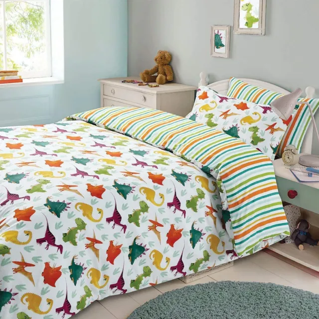 Dreamscene Dinosaur Duvet Cover with Junior/Cot Bed, White Orange Blue