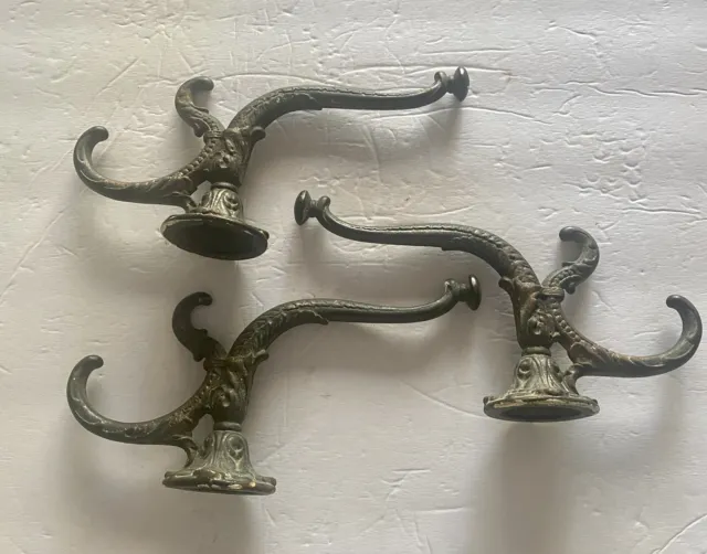 3 Cast Iron Triple Hook Ornate Victorian Hall Tree Coat Hat Hooks Serpent Like