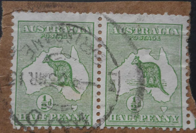 Australia 1913 HalfPenny Kangaroo pair with PAID BRISBANE postmark