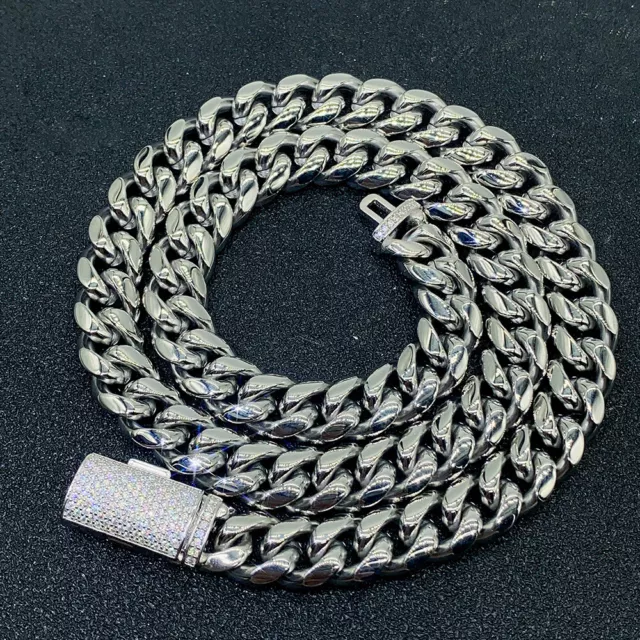 12mm Stainless Steel Cuban Chain Necklace with Iced Moissanite Buckle 925 Silver