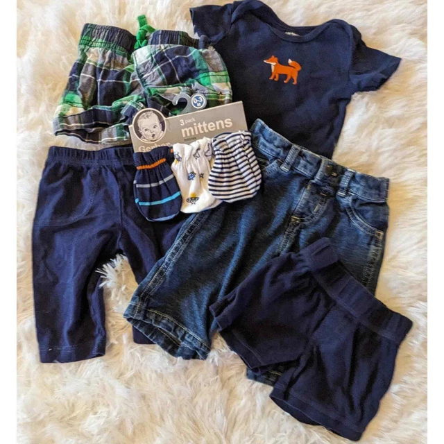 3M Month Infant Baby Navy Blue Plaid Fox Outfit Clothing Lot Bundle Mitten Jeans