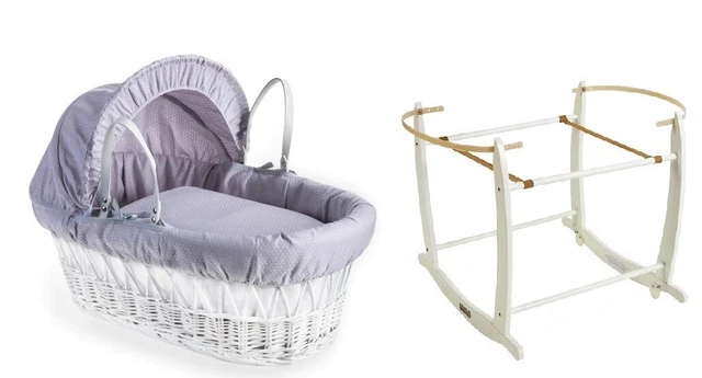 Cesta De Mimbre Clear De Lune Moses Algodón Gris Sueño + Soporte Mecedor Blanco Nuevo