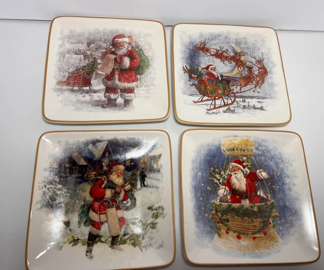 Pottery Barn Nostalgic Santa Christmas Village Square Plates-Set of Four 5.75”