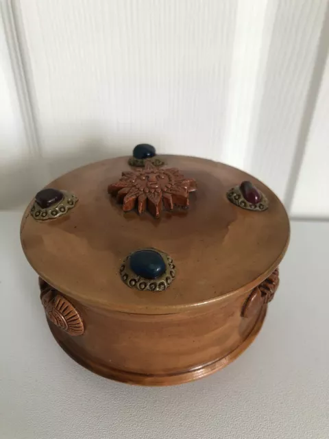 Vintage Hand Crafted Ceramic Trinket Jewellery Box Sun Face And Coloured Stones