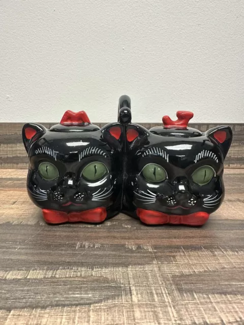 Vintage Shafford Black Double Cat Redware Condiment Marmalade Jars