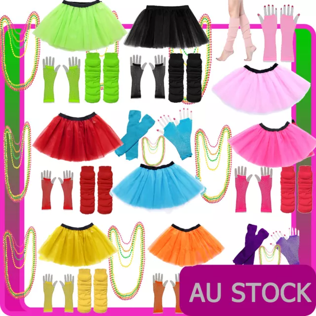 Ladies 1980s Tutu Skirt Fishnet Gloves Leg Warmers Necklace 80s Neon Costume