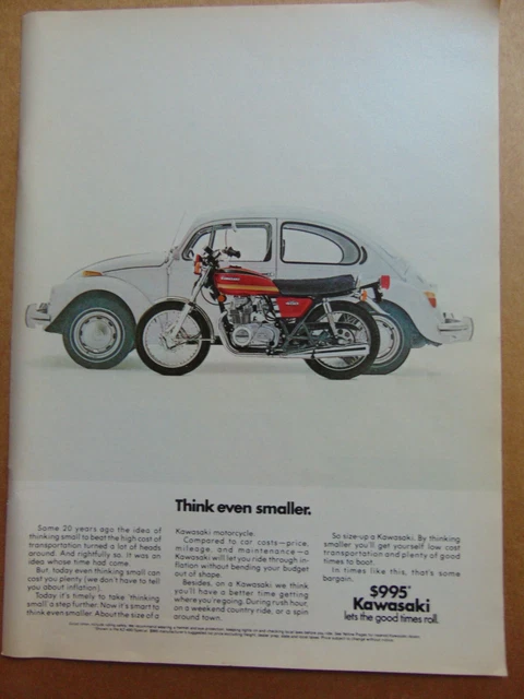 1975 KAWASAKI Motorcycle Think Even Smaller Than a VW BUG vintage art print ad