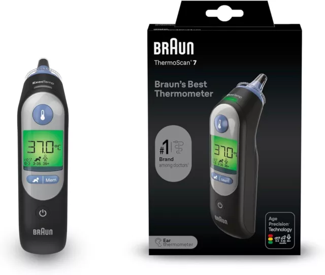 Braun ThermoScan 7 Ohrthermometer, Schwarze Edition mit Age Precision