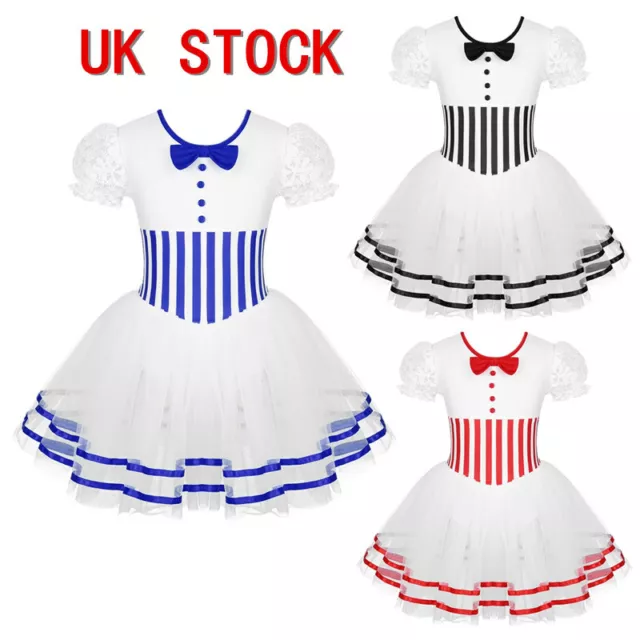 UK Kids Girls Lace Puff Dress Striped Printed Dance Leotard Dress Ballet Tutus