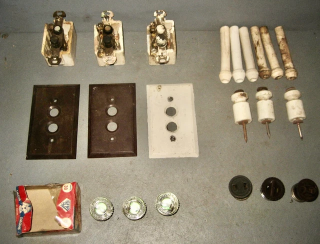 3 Vintage H&H Push Button Light Switches + Knob & Tube Electrical + Glass Fuses