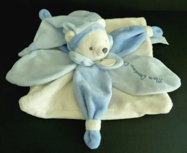 *. J'aime Mon Doudou Et Compagnie Ours Plat Blanc Bleu Bonnet Collector - Neuf *
