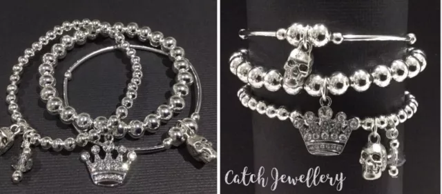 Skull And Diamanté Crown Stretch Beaded Bracelet Stack Skull Jewellery Boho