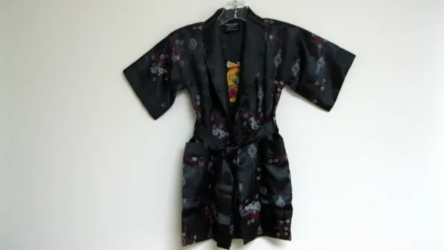Thai Silk-Blend Child's Robe Kimono Black/Red Reversible Dragon/Unisex - S (New)