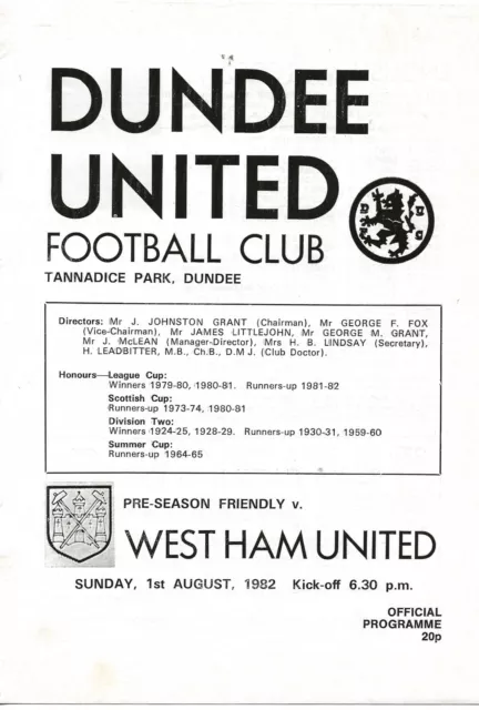 Dundee United V West Ham United ~ Pre Season Friendly ~ 1 August 1982