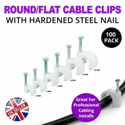 Round White Trade Quality Cable Clips 3mm-9mm with Fixing Nails - Packs of 100