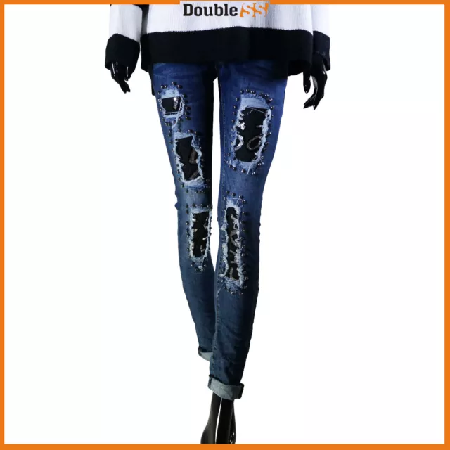 Jeans da Donna Strappati Ricamati a Pizzo Nero Aderenti Sexy Denim Pantaloni