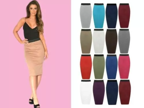 Women Plain Office Stretch Body Con Midi Pencil Skirt Size Uk 8-22