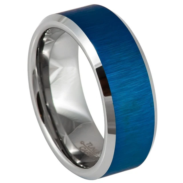 Tungsten Ring Band Blue IP Reflective Finish Beveled Edge For Men & Women