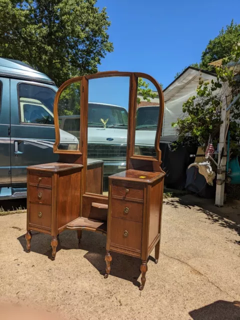 Rare Tri-fold Antique Burle Walnut Vanity With 3 Mirrors with Kotton Klenser