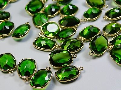 Hydro Peridot Pair Of Faceted Gold Plated Cushion Cut Bezel Connectors