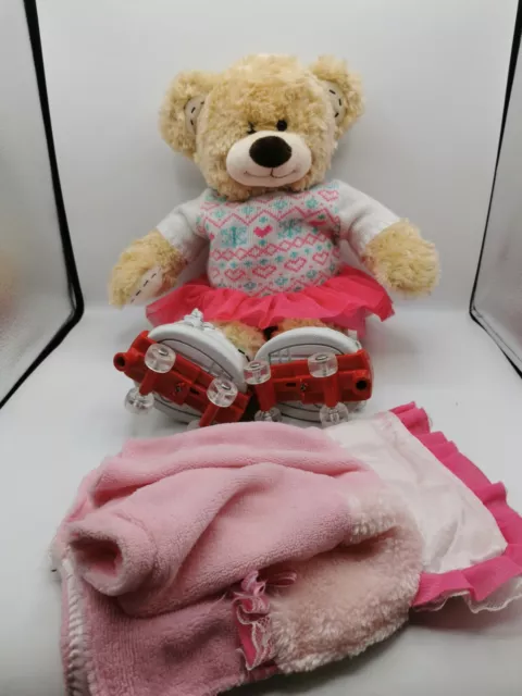 Build A Bear Workshop Bear With Roller Skates Wearing Jumper Dress & Pink Coat