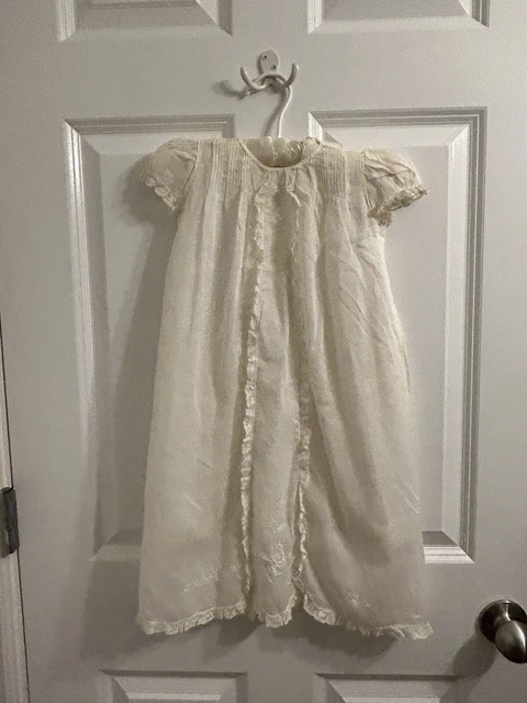 Antique Christening Gown & Slip  Lace Trim with Embroidery White