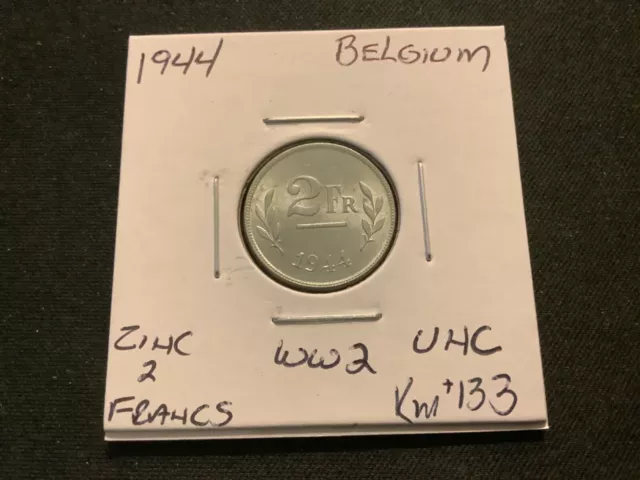 Belgium 1944 Zinc 2 Francs WW2 UNC Nice Coin #R5060