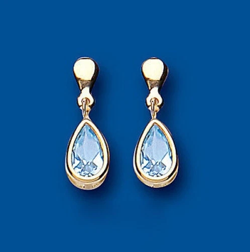 9ct Yellow Gold 1.42ct Pear Cut Blue Topaz and Diamond Drop Earrings