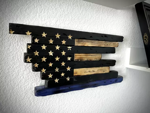 Rustic Handmade Wooden Abstract American Flag -Police Thin Blue Line