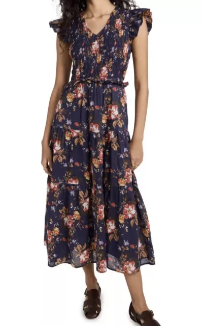 Sea New York NAVY FLORAL ESME S/S SMOCKED Ruffled MIDI DRESS Nwts Prairiecore 2