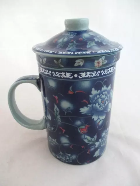 Chinese Blue Porcelain Tea Cup Mug with Infuser Strainer and Lid 3 Piece (225)