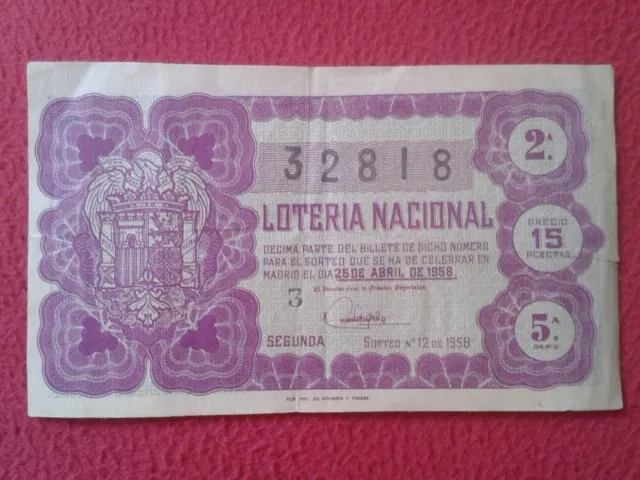 Décimo De Lotería Nacional España 25 Abril 1958 Admón Loterías Valdés Barcelona