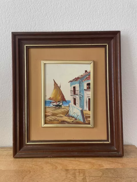 Peinture huile sur toile signé bateau et décor bord de mer