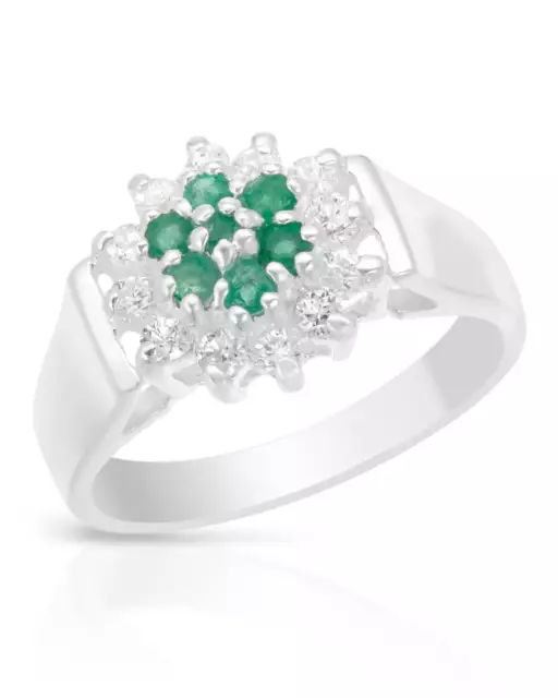 Lovely Ring W/Genuine Emerald & CZ in 925 Sterling Silver Size 6