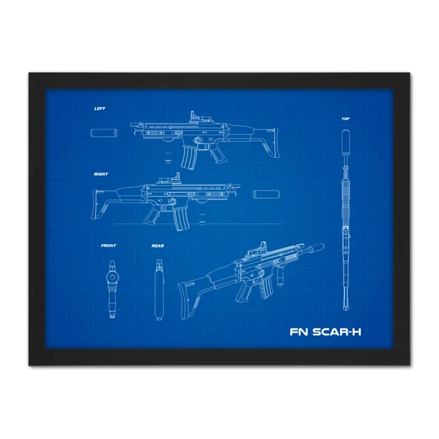 FN SCARH MACHINE Gun Assault Rifle Blueprint Plan Framed Wall Art