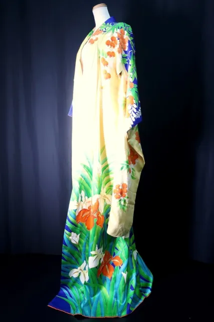 8779A2 Silk Japanese Kimono Furisode Iris Wisteria Tall