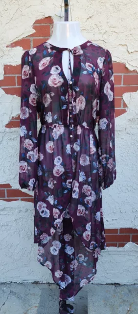 1X women FOREVER21 long sheer plum wine floral maxi dress long sleeve