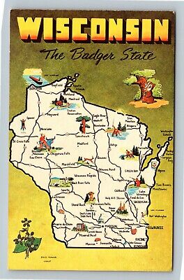 Map Wisconsin, The Badger State, Wisconsin Vintage Postcard