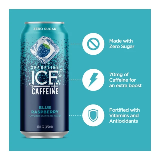 SPARKLING ICE CAFFEINE Blue Raspberry Sparkling Water Zero Sugar 16 Oz