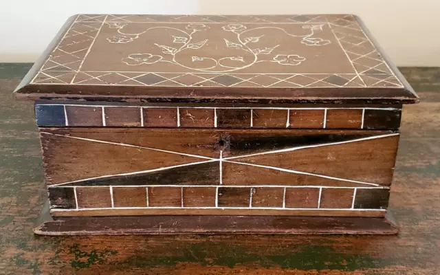 Antique 19th C PA Carved SULPHUR INLAY STYLE Wood SEWING Document BOX Folk Art