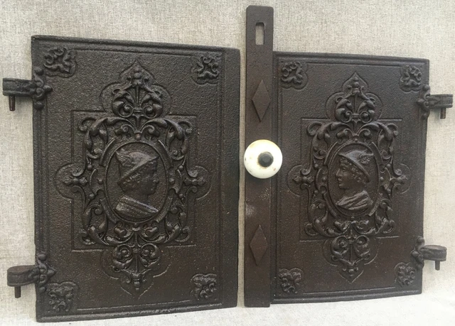 Heavy antique pair of french stove doors 19th century cast iron