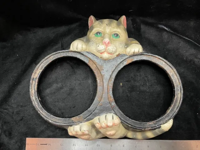 Vintage Cat Cast Iron Kitty food & water Bowl holder stand pet feeder