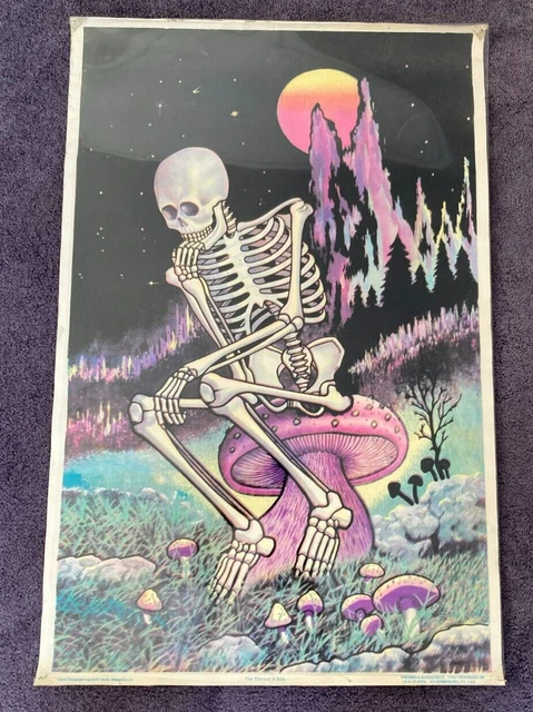 Vintage THE THINKER SKELETON SHROOM Blacklight Poster #929 Funky Enterprises USA