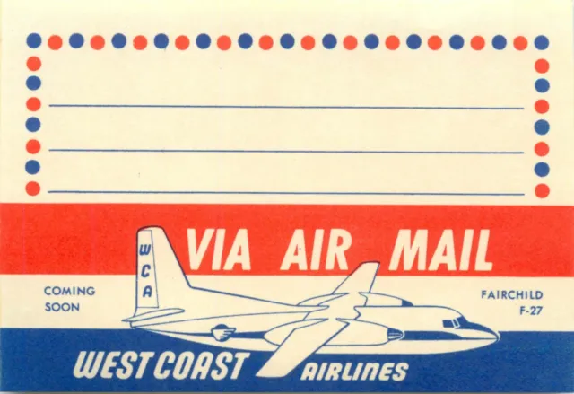 Fairchild F-27 / WEST COAST AIRLINES - Unique Old Mailing Luggage Label, c. 1955