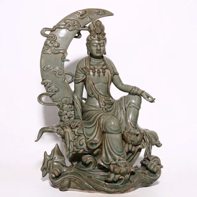 18.1" Antique Porcelain Song dynasty yue kiln cyan glaze guanyin Buddha statue
